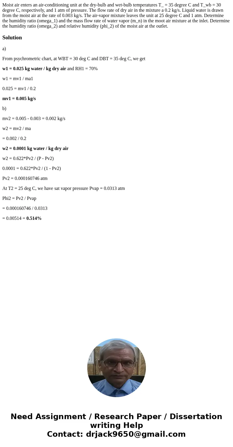 Moist air enters an air-conditioning unit at the dry-bulb and wet-bulb temperatures T_ = 35 degree C and T_wb = 30 degree C, respectively, and 1 atm of pressur  Moist air enters an air-conditioning unit at the dry-bulb and wet-bulb temperatures T_ = 35 degree C and T_wb = 30 degree C, respectively, and 1 atm of pressur