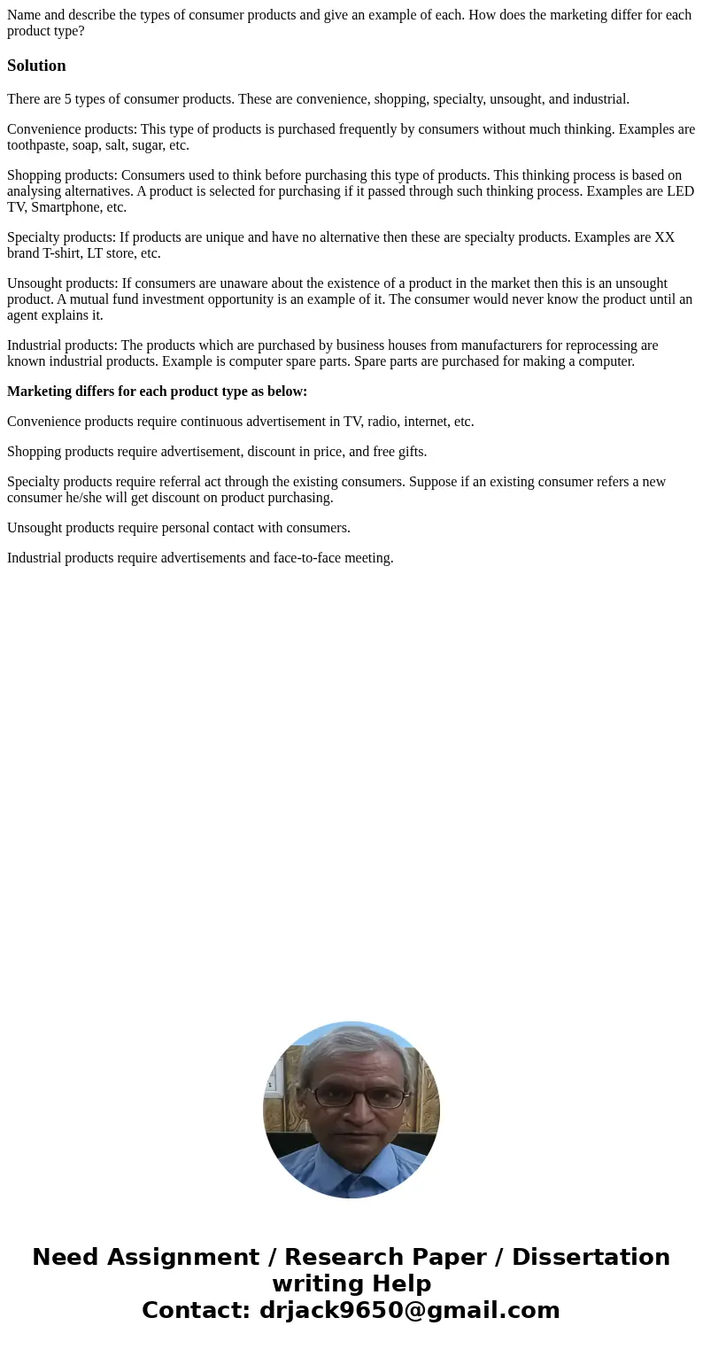 Name and describe the types of consumer products and give an example of each. How does the marketing differ for each product type?SolutionThere are 5 types of c Name and describe the types of consumer products and give an example of each. How does the marketing differ for each product type?SolutionThere are 5 types of c