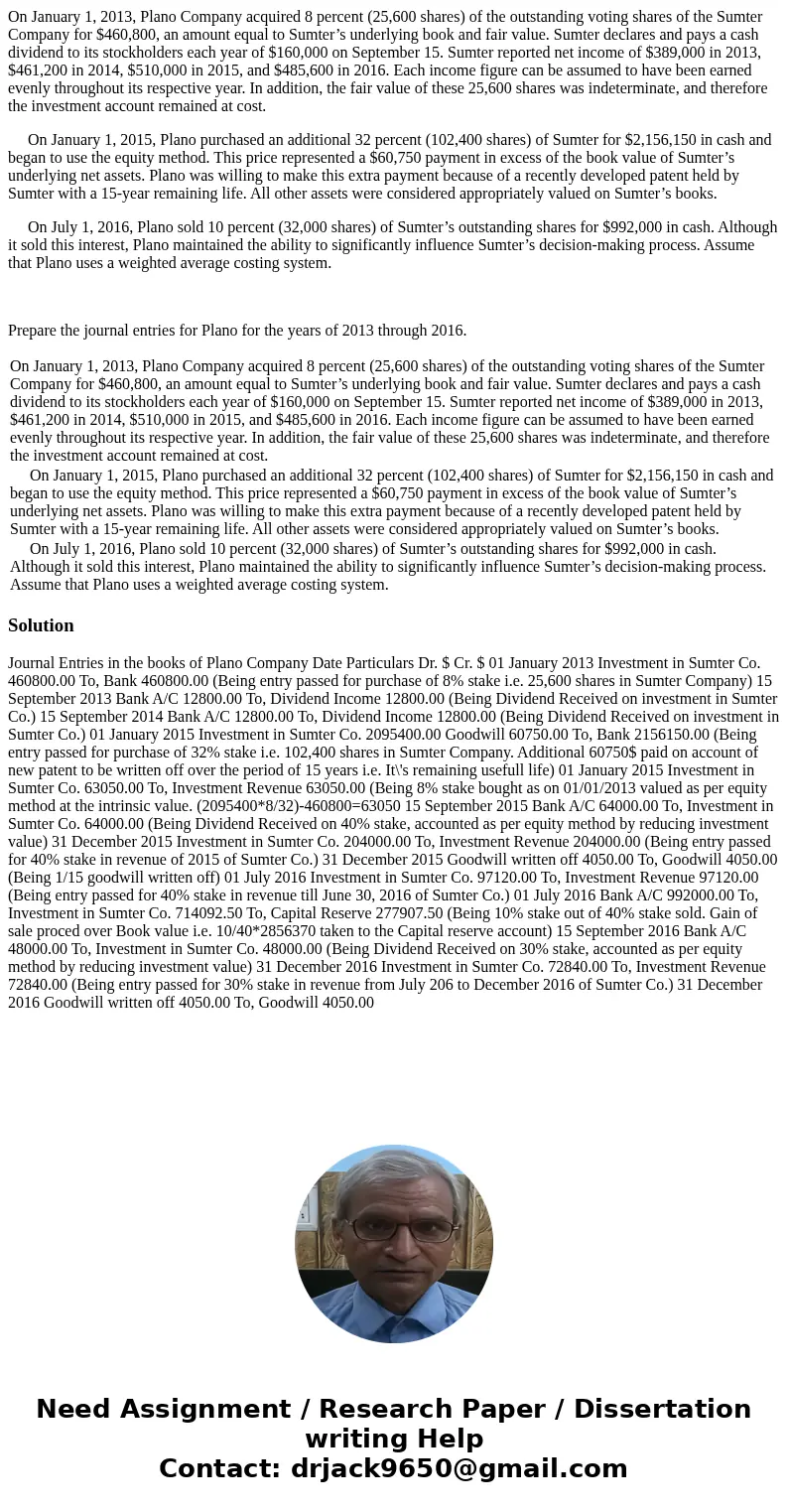 On January 1, 2013, Plano Company acquired 8 percent (25,600 shares) of the outstanding voting shares of the Sumter Company for $460,800, an amount equal to Sum