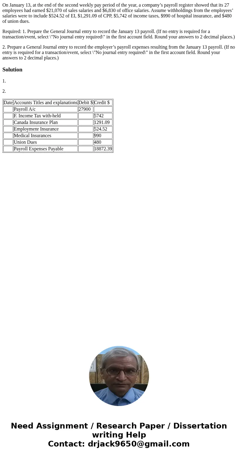 On January 13, at the end of the second weekly pay period of the year, a company’s payroll register showed that its 27 employees had earned $21,070 of sales sal On January 13, at the end of the second weekly pay period of the year, a company’s payroll register showed that its 27 employees had earned $21,070 of sales sal
