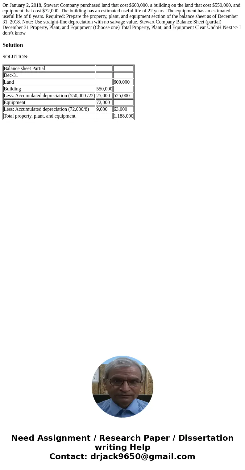 On January 2, 2018, Stewart Company purchased land that cost $600,000, a building on the land that cost $550,000, and equipment that cost $72,000. The building  On January 2, 2018, Stewart Company purchased land that cost $600,000, a building on the land that cost $550,000, and equipment that cost $72,000. The building