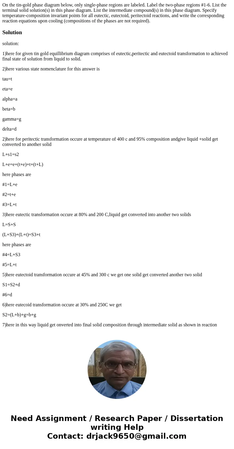  On the tin-gold phase diagram below, only single-phase regions are labeled. Label the two-phase regions #1-6. List the terminal solid solution(s) in this phase