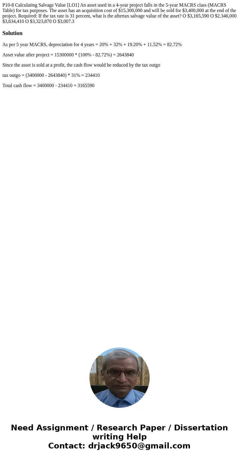  P10-8 Calculating Salvage Value [LO1] An asset used in a 4-year project falls in the 5-year MACRS class (MACRS Table) for tax purposes. The asset has an acquis