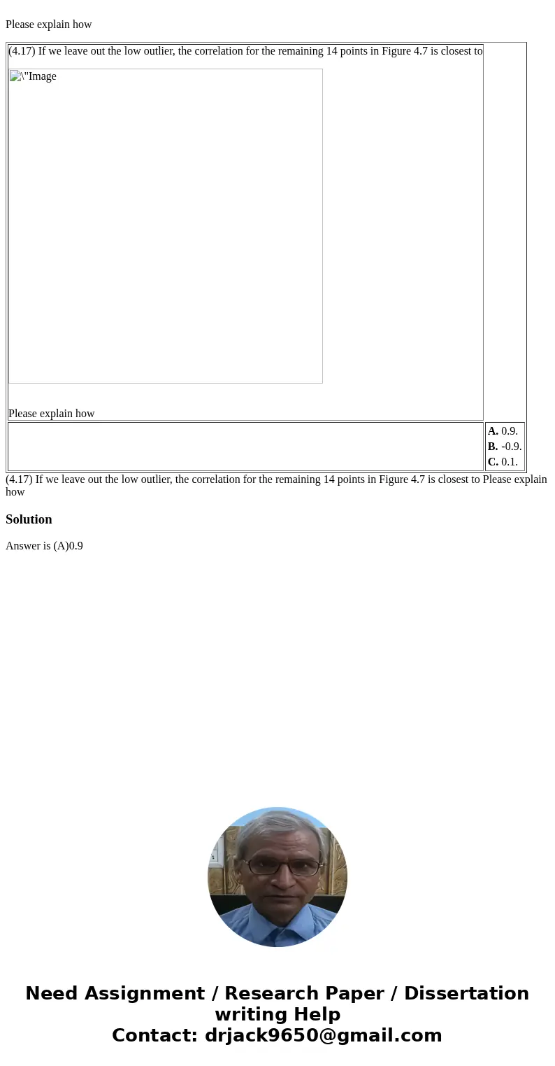  Please explain how (4.17) If we leave out the low outlier, the correlation for the remaining 14 points in Figure 4.7 is closest to Please explain how A. 0.9. B