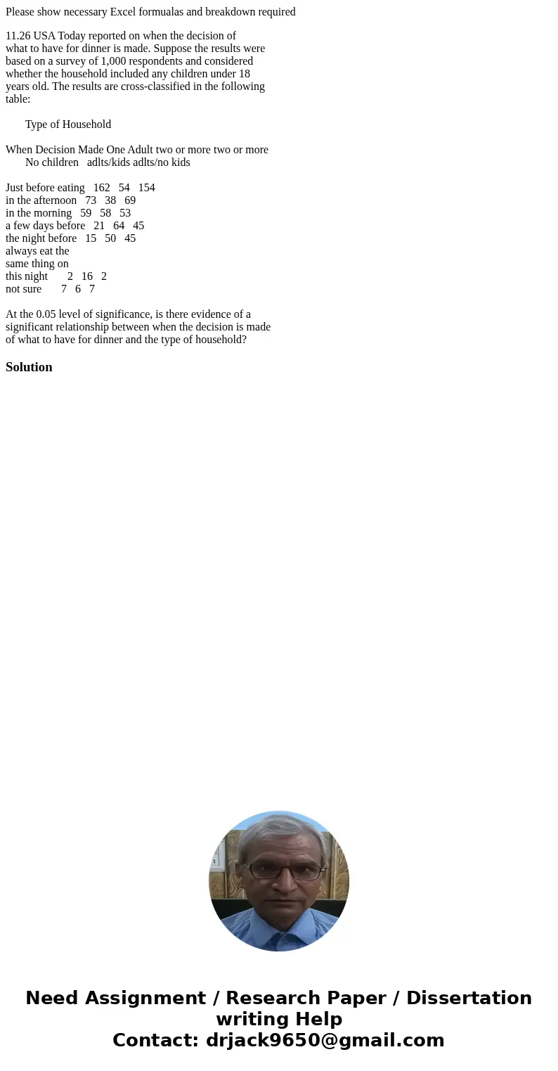 Please show necessary Excel formualas and breakdown required 11.26 USA Today reported on when the decision of what to have for dinner is made. Suppose the resul Please show necessary Excel formualas and breakdown required 11.26 USA Today reported on when the decision of what to have for dinner is made. Suppose the resul