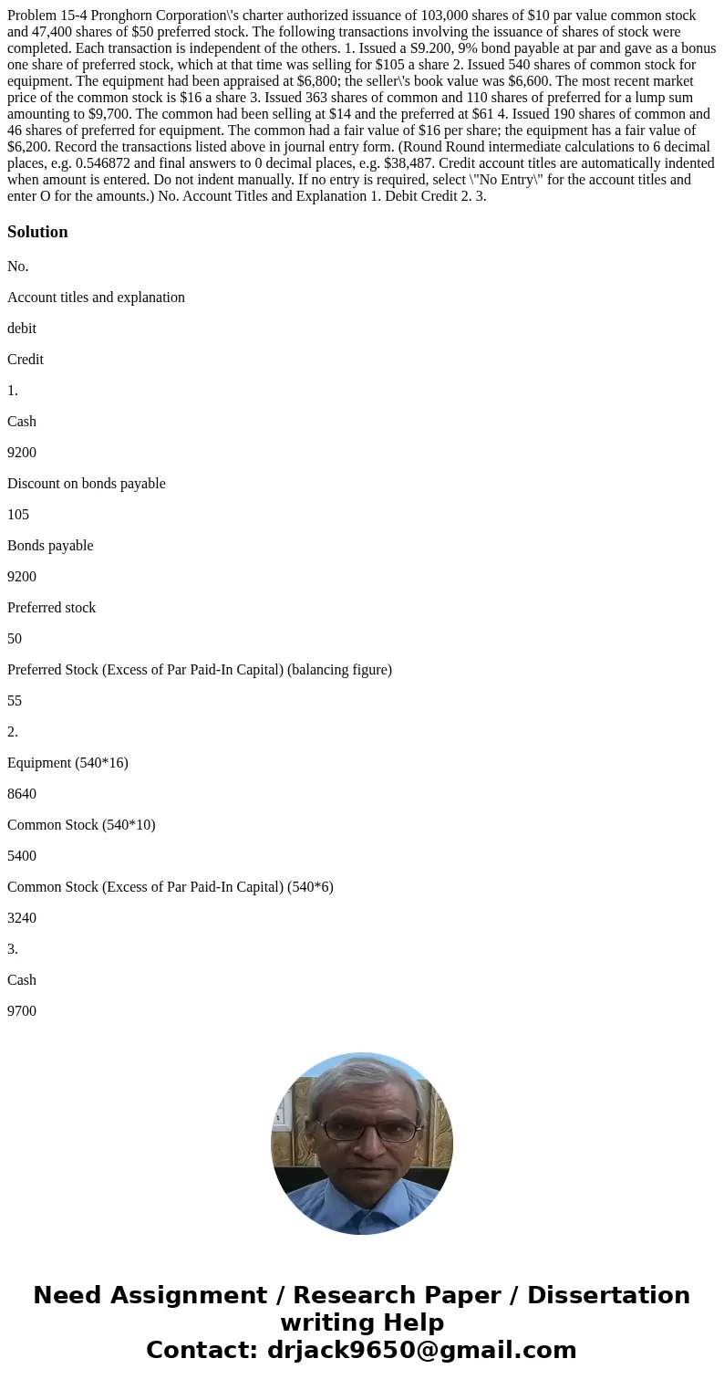 Problem 15-4 Pronghorn Corporation\'s charter authorized issuance of 103,000 shares of $10 par value common stock and 47,400 shares of $50 preferred stock. The  Problem 15-4 Pronghorn Corporation\'s charter authorized issuance of 103,000 shares of $10 par value common stock and 47,400 shares of $50 preferred stock. The