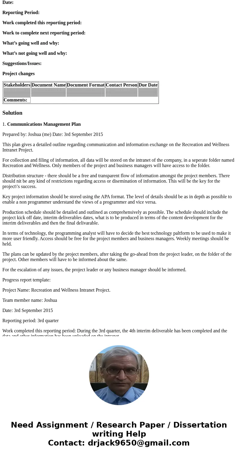 Project Communications Management: Case Study Several issues have arisen on the Recreation and Wellness Intranet Project. The person from the HR department who 