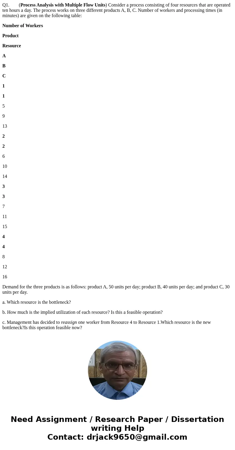 Q1. (Process Analysis with Multiple Flow Units) Consider a process consisting of four resources that are operated ten hours a day. The process works on three di