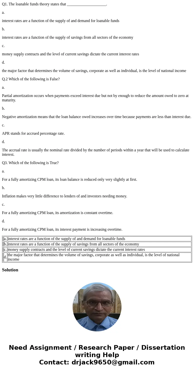 Q1. The loanable funds theory states that ____________________. a. interest rates are a function of the supply of and demand for loanable funds b. interest rate