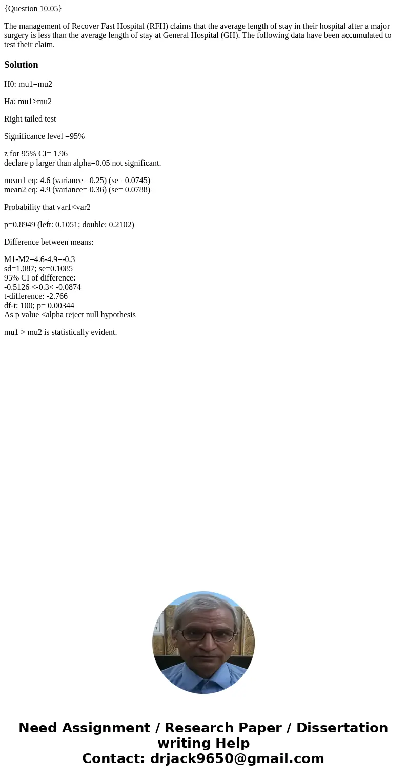 {Question 10.05} The management of Recover Fast Hospital (RFH) claims that the average length of stay in their hospital after a major surgery is less than the a