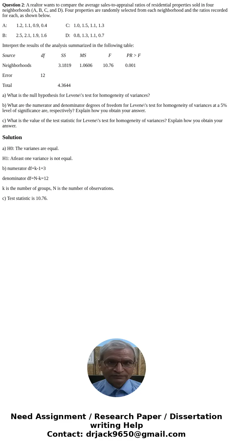 Question 2: A realtor wants to compare the average sales-to-appraisal ratios of residential properties sold in four neighborhoods (A, B, C, and D). Four propert