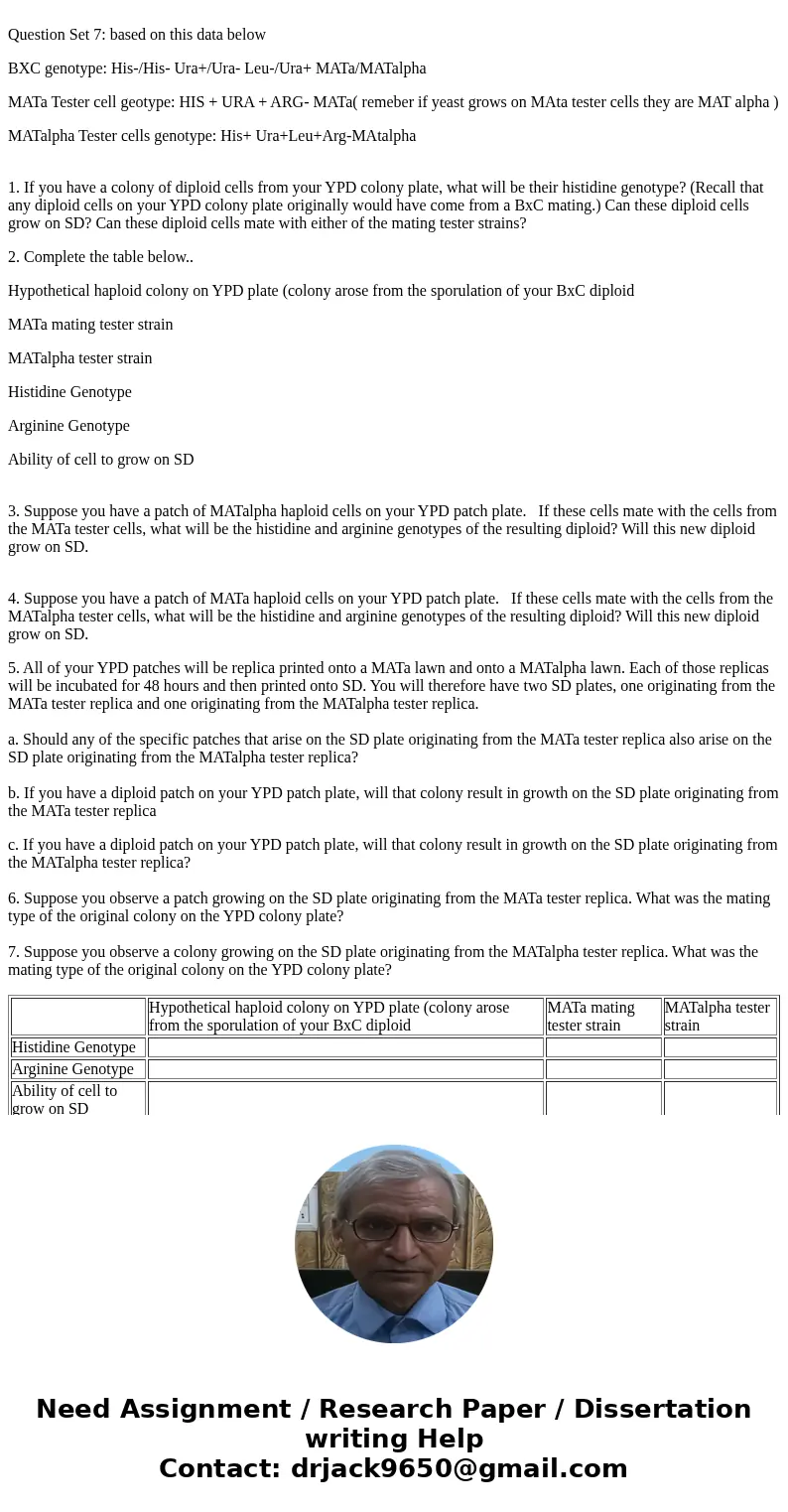  Question Set 7: based on this data below BXC genotype: His-/His- Ura+/Ura- Leu-/Ura+ MATa/MATalpha MATa Tester cell geotype: HIS + URA + ARG- MATa( remeber if 