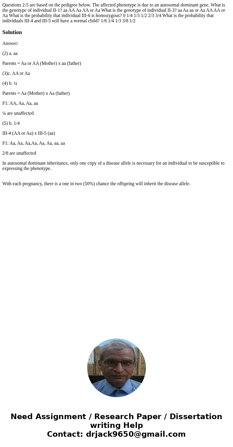  Questions 2-5 are based on the pedigree below. The affected phenotype is due to an autosomal dominant gene. What is the genotype of individual II-1? aa AA Aa A