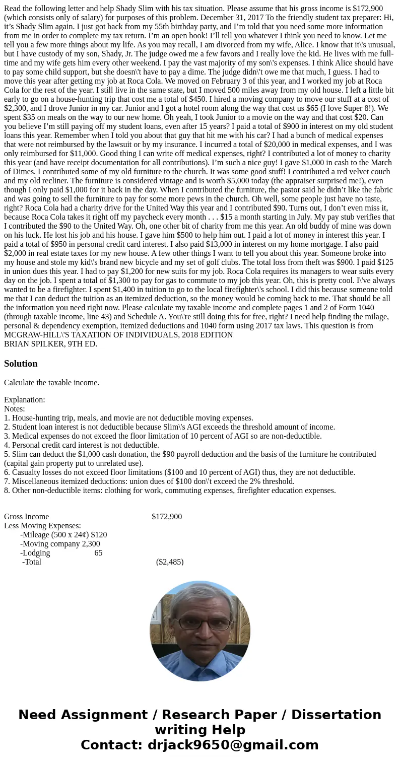 Read the following letter and help Shady Slim with his tax situation. Please assume that his gross income is $172,900 (which consists only of salary) for purpos Read the following letter and help Shady Slim with his tax situation. Please assume that his gross income is $172,900 (which consists only of salary) for purpos