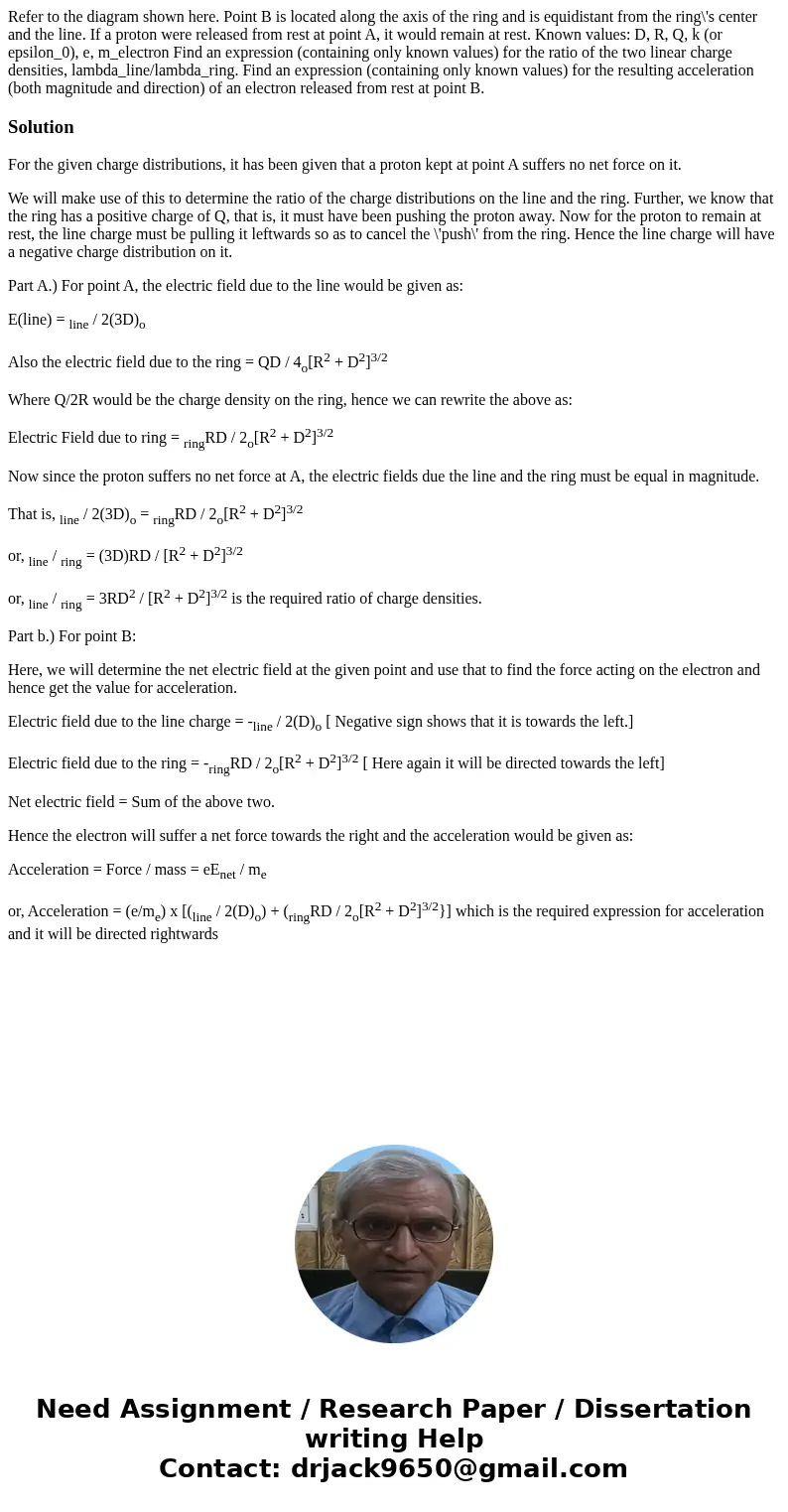Refer to the diagram shown here. Point B is located along the axis of the ring and is equidistant from the ring\'s center and the line. If a proton were releas  Refer to the diagram shown here. Point B is located along the axis of the ring and is equidistant from the ring\'s center and the line. If a proton were releas