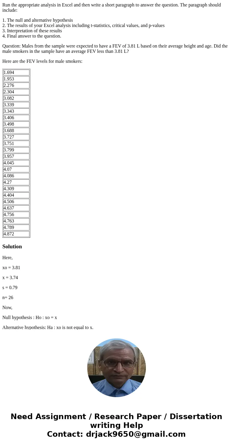 Run the appropriate analysis in Excel and then write a short paragraph to answer the question. The paragraph should include: 1. The null and alternative hypothe Run the appropriate analysis in Excel and then write a short paragraph to answer the question. The paragraph should include: 1. The null and alternative hypothe