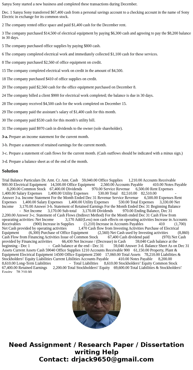 Sanyu Sony started a new business and completed these transactions during December. Dec. 1 Sanyu Sony transferred $67,400 cash from a personal savings account t Sanyu Sony started a new business and completed these transactions during December. Dec. 1 Sanyu Sony transferred $67,400 cash from a personal savings account t