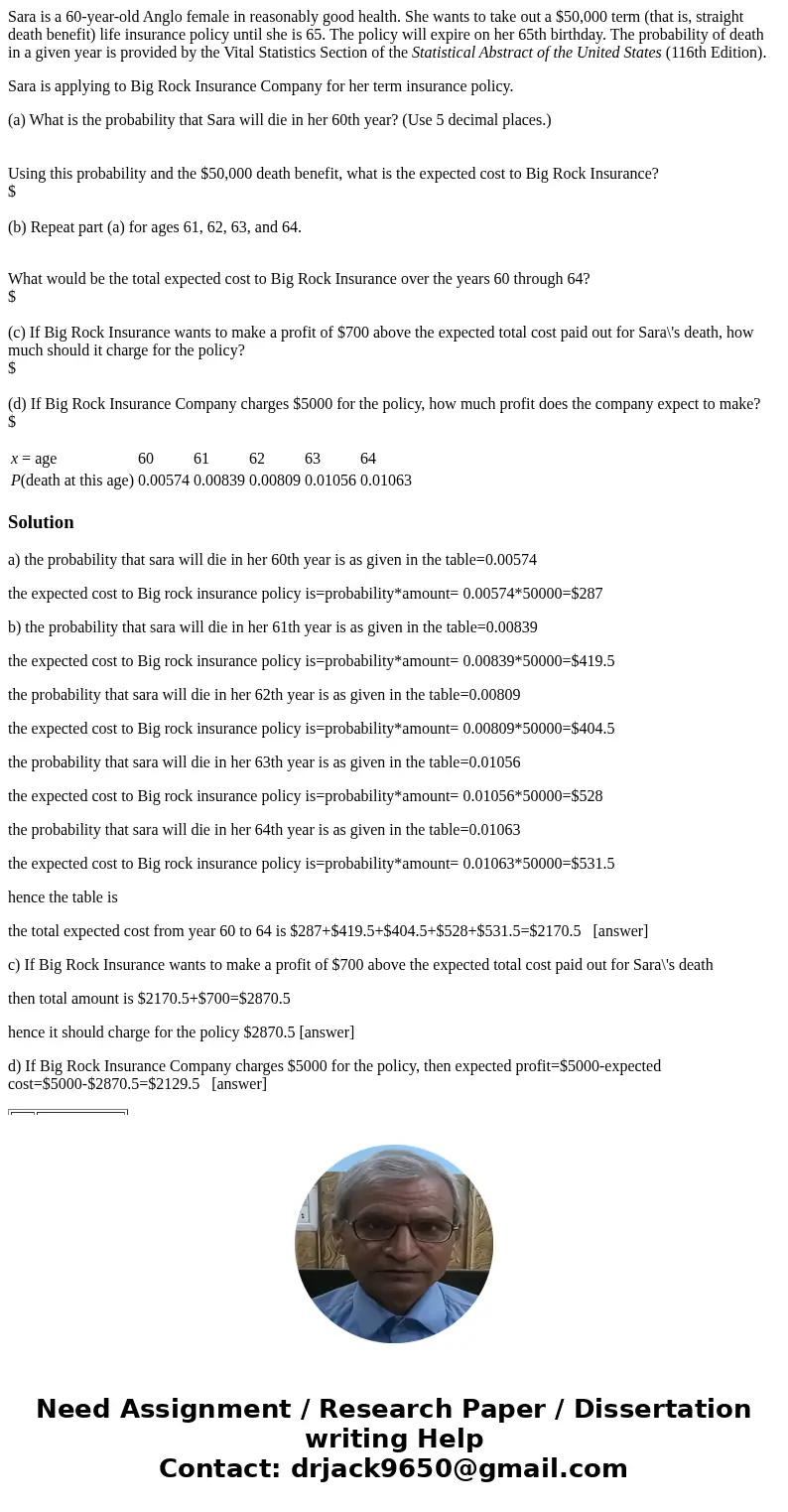 Sara is a 60-year-old Anglo female in reasonably good health. She wants to take out a $50,000 term (that is, straight death benefit) life insurance policy until