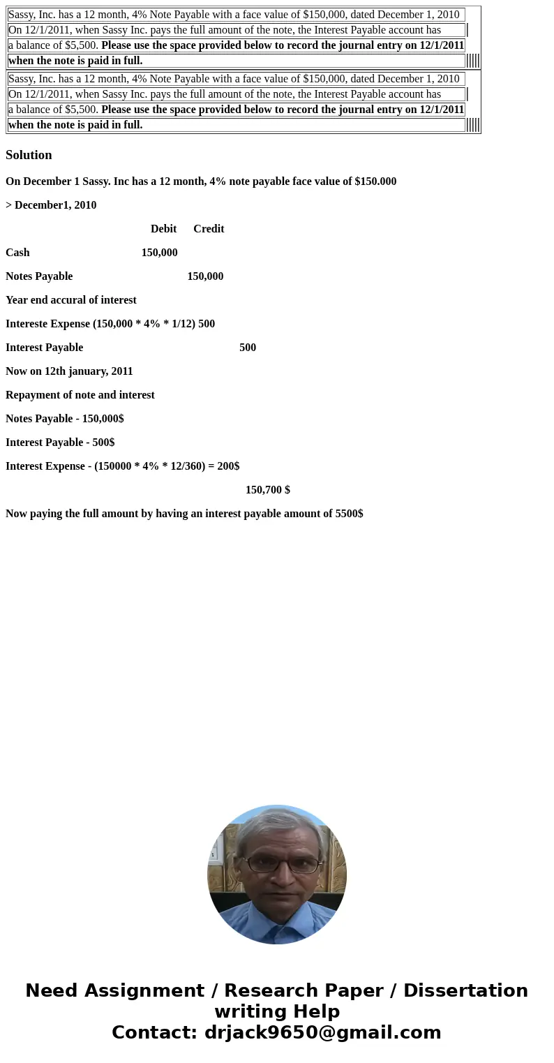  Sassy, Inc. has a 12 month, 4% Note Payable with a face value of $150,000, dated December 1, 2010 On 12/1/2011, when Sassy Inc. pays the full amount of the not