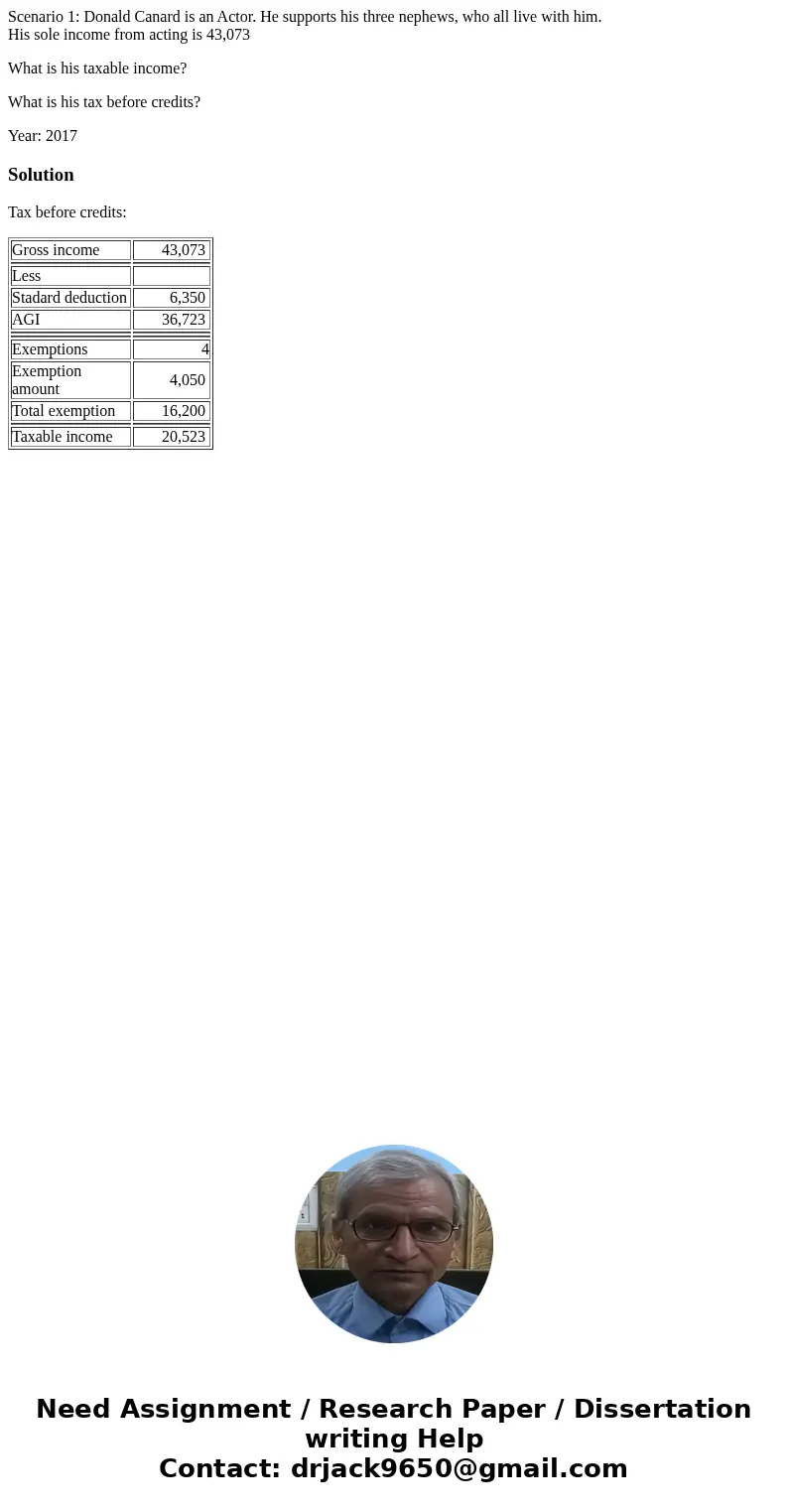 Scenario 1: Donald Canard is an Actor. He supports his three nephews, who all live with him. His sole income from acting is 43,073 What is his taxable income? W Scenario 1: Donald Canard is an Actor. He supports his three nephews, who all live with him. His sole income from acting is 43,073 What is his taxable income? W