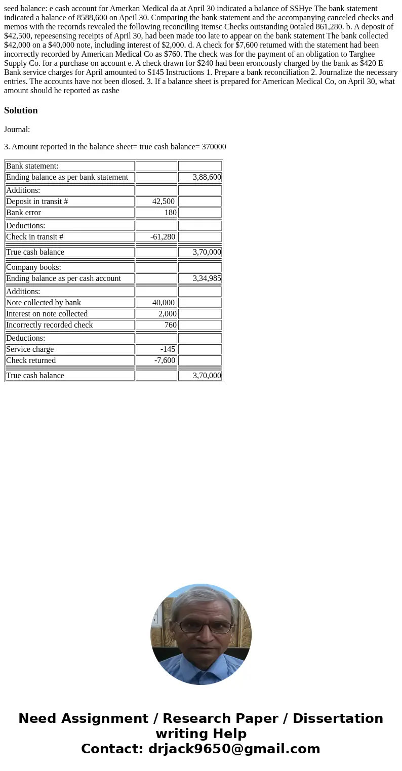  seed balance: e cash account for Amerkan Medical da at April 30 indicated a balance of SSHye The bank statement indicated a balance of 8588,600 on Apeil 30. Co