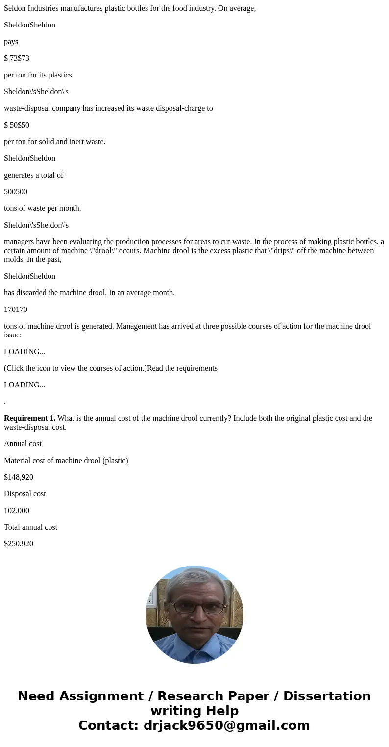 Seldon Industries manufactures plastic bottles for the food industry. On average, SheldonSheldon pays $ 73$73 per ton for its plastics. Sheldon\'sSheldon\'s was
