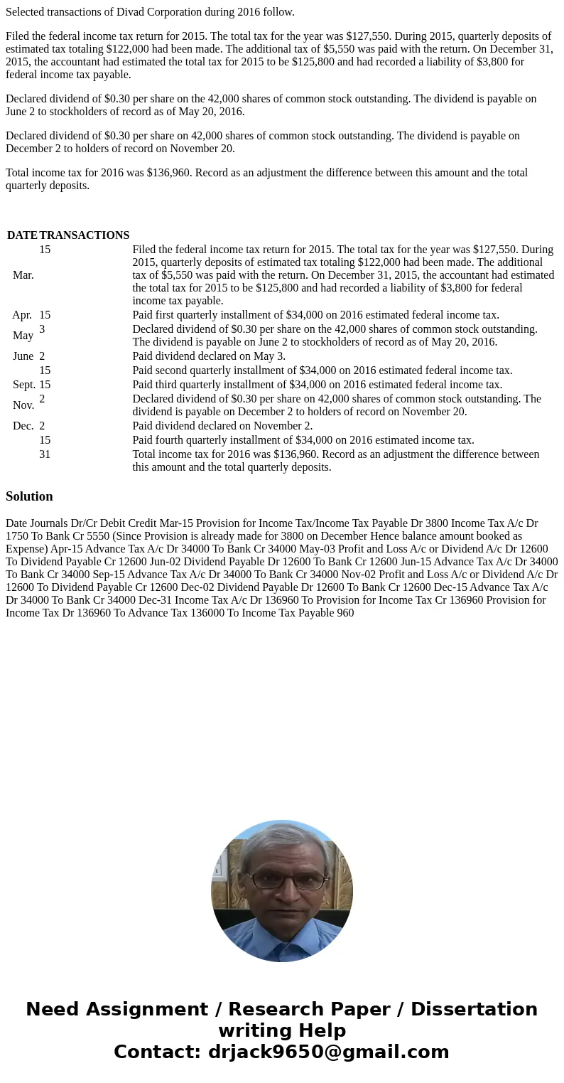 Selected transactions of Divad Corporation during 2016 follow. Filed the federal income tax return for 2015. The total tax for the year was $127,550. During 201
