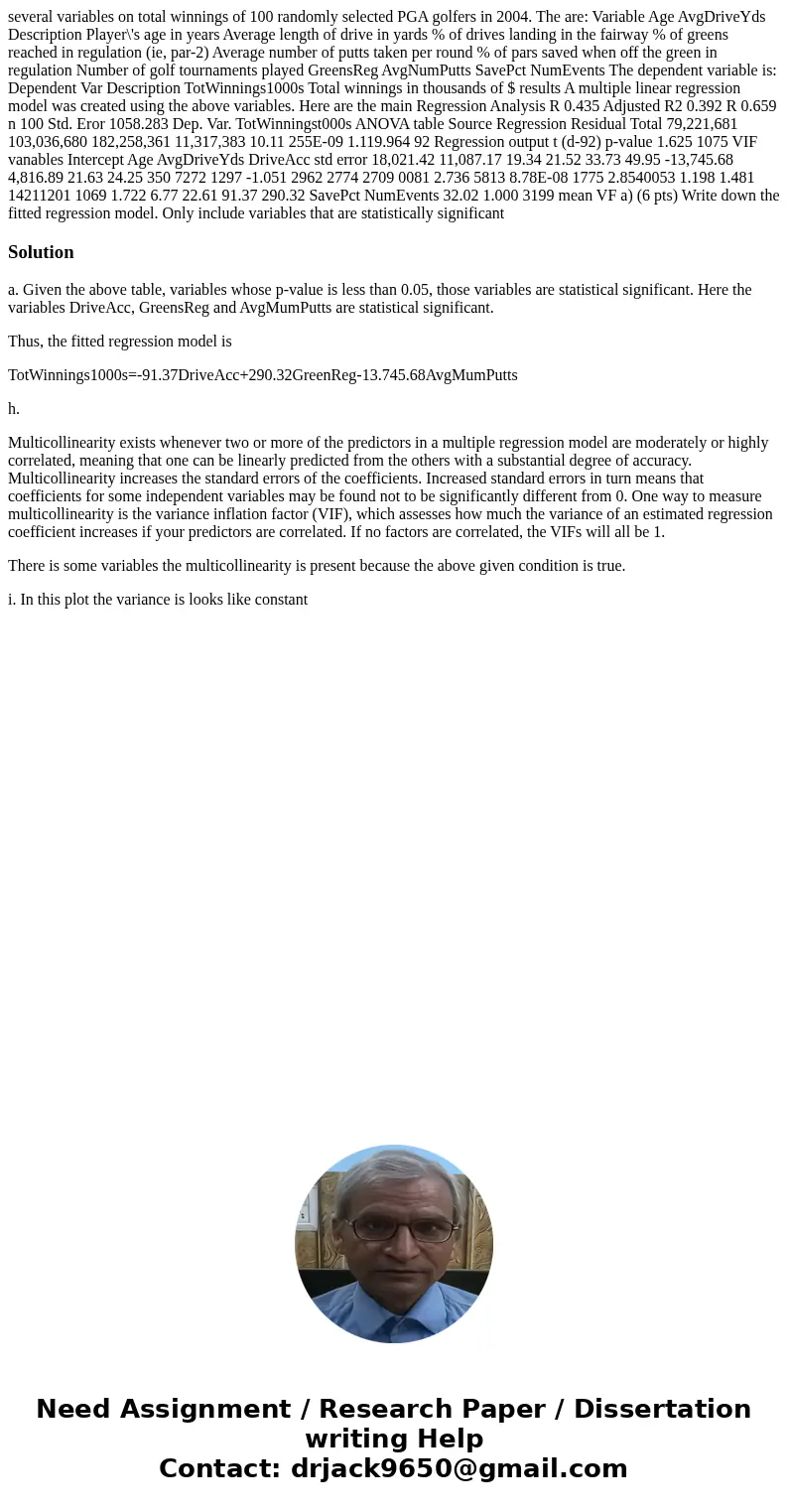 several variables on total winnings of 100 randomly selected PGA golfers in 2004. The are: Variable Age AvgDriveYds Description Player\'s age in years Average 