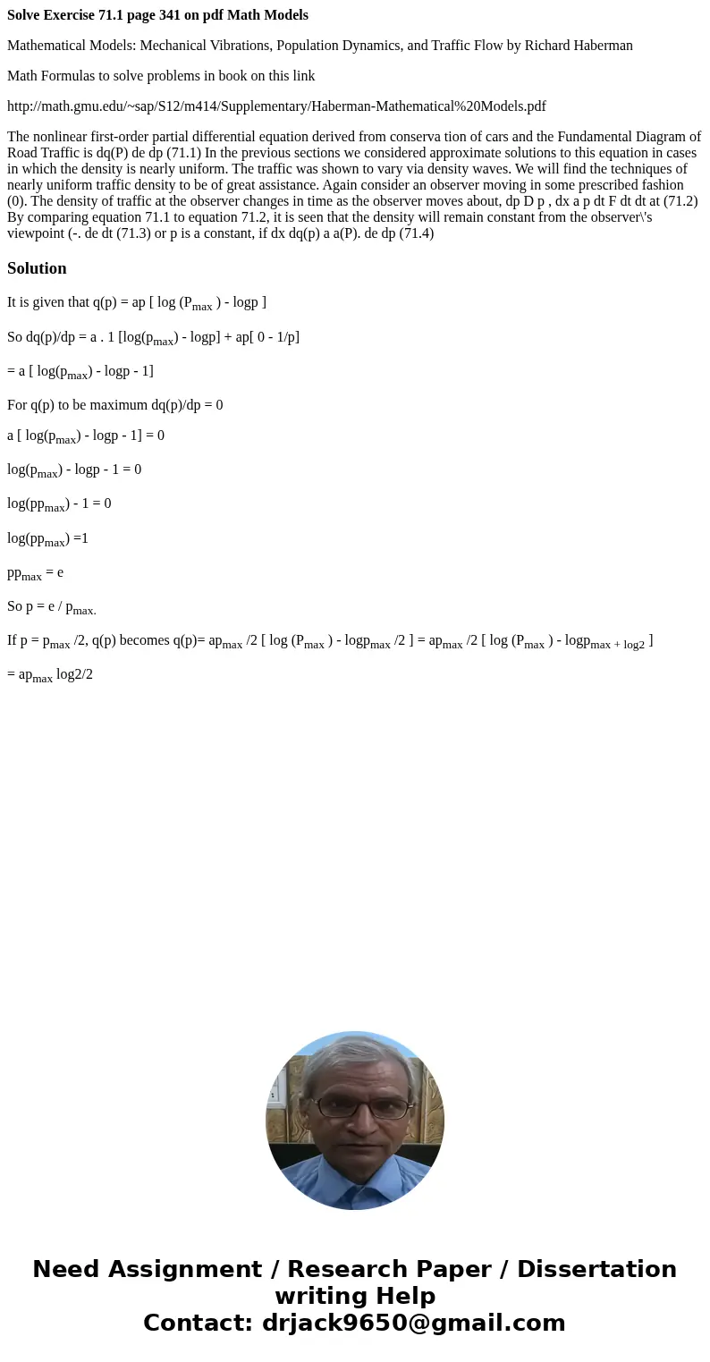 Solve Exercise 71.1 page 341 on pdf Math Models Mathematical Models: Mechanical Vibrations, Population Dynamics, and Traffic Flow by Richard Haberman Math Formu