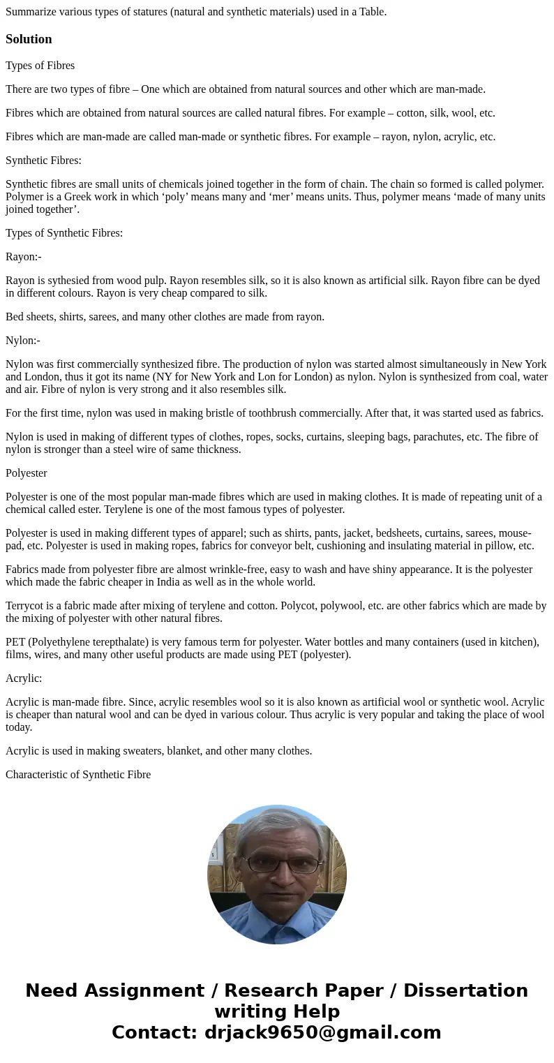 Summarize various types of statures (natural and synthetic materials) used in a Table.SolutionTypes of Fibres There are two types of fibre – One which are obta  Summarize various types of statures (natural and synthetic materials) used in a Table.SolutionTypes of Fibres There are two types of fibre – One which are obta