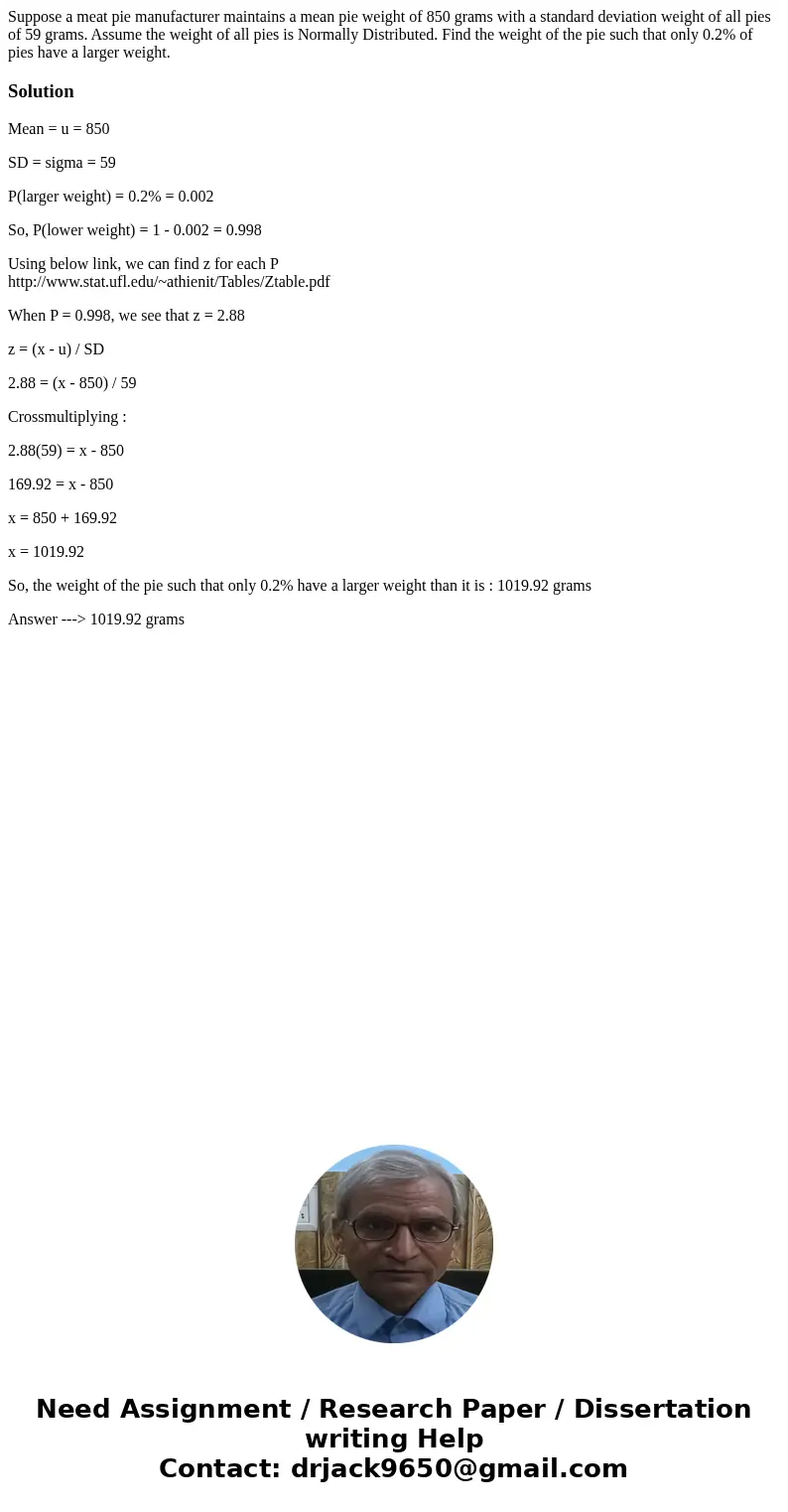 Suppose a meat pie manufacturer maintains a mean pie weight of 850 grams with a standard deviation weight of all pies of 59 grams. Assume the weight of all pies