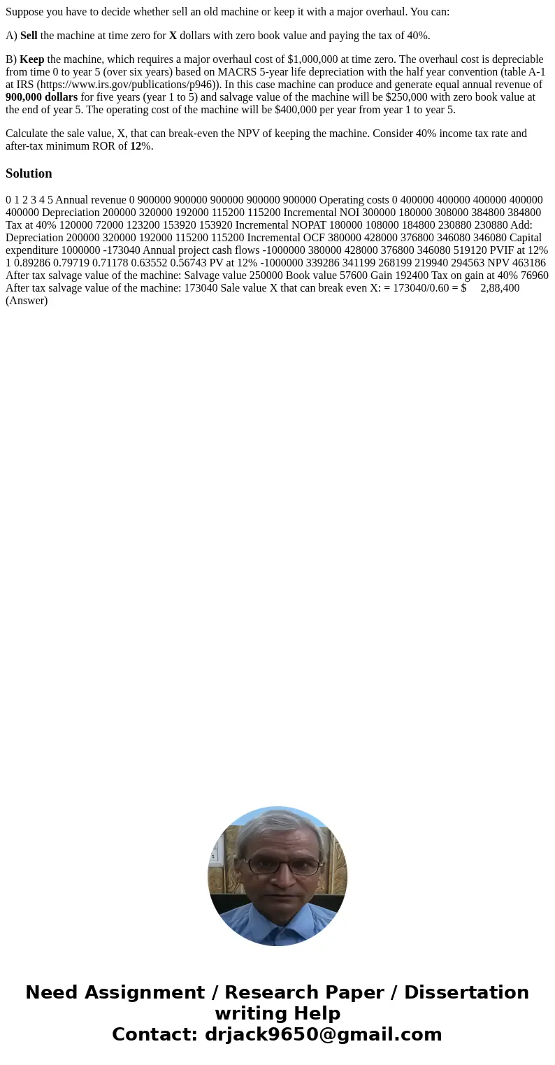 Suppose you have to decide whether sell an old machine or keep it with a major overhaul. You can: A) Sell the machine at time zero for X dollars with zero book 