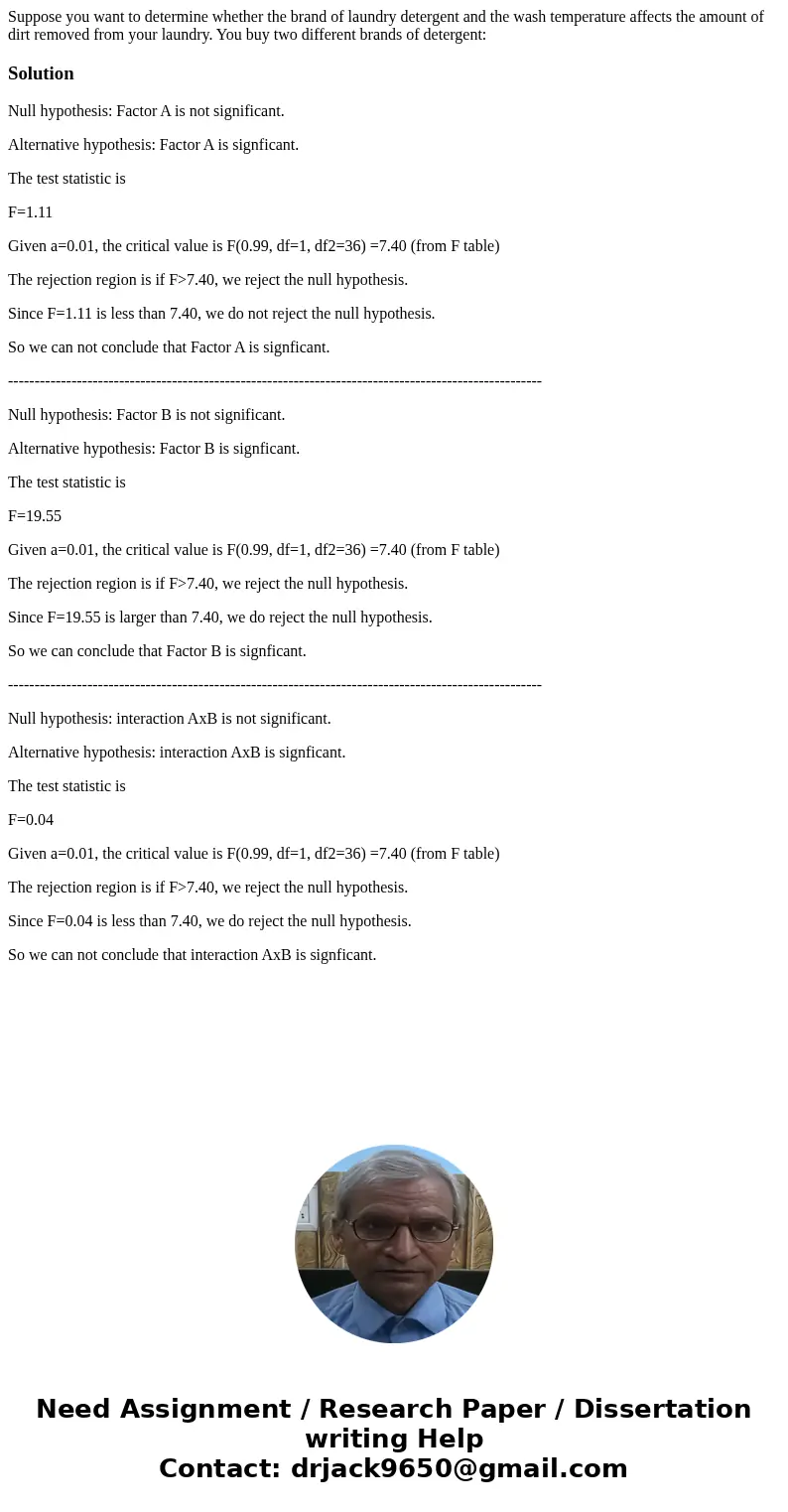 Suppose you want to determine whether the brand of laundry detergent and the wash temperature affects the amount of dirt removed from your laundry. You buy two 
