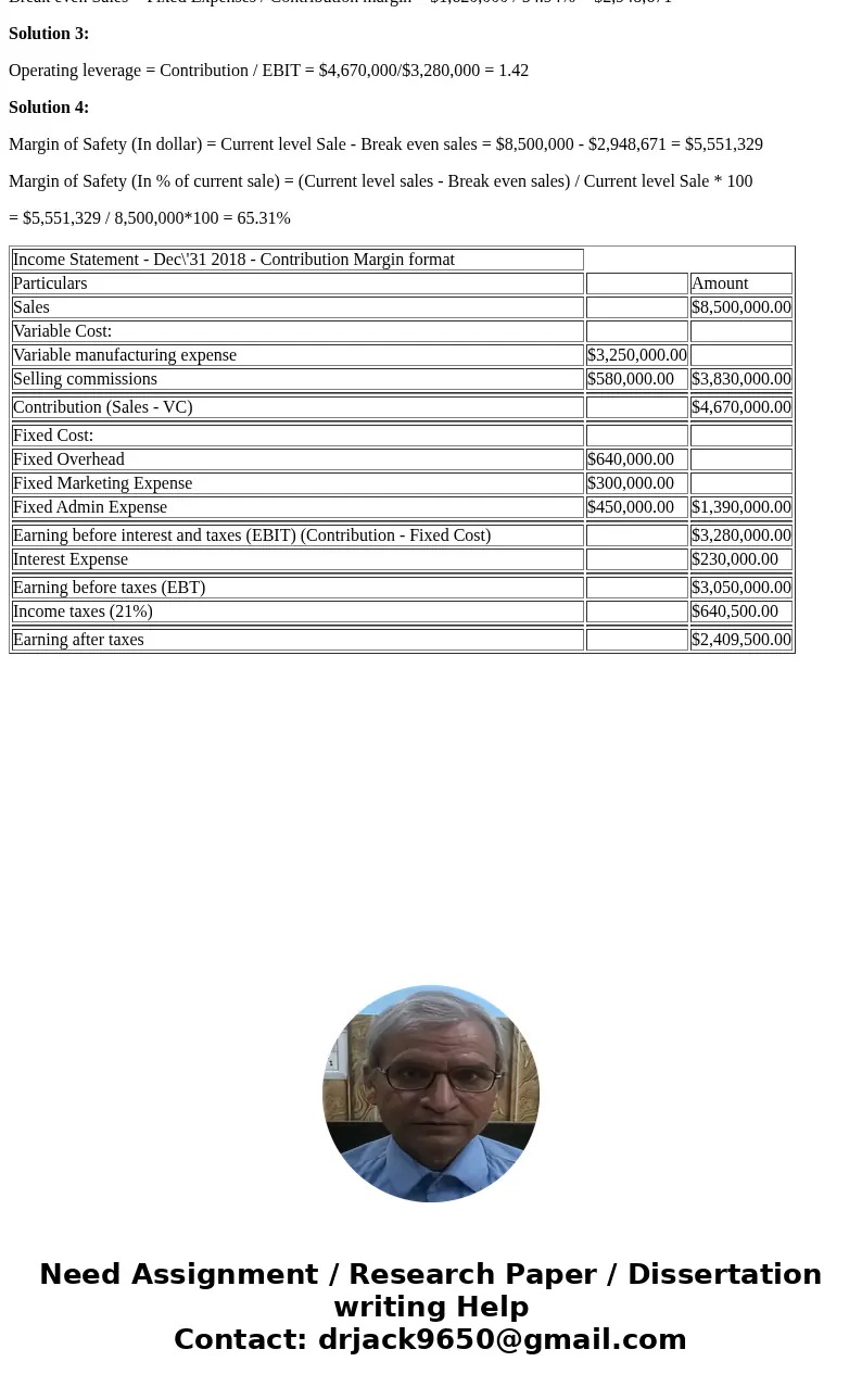 the accountant\'s Company Income Statement For the Year Ended December 31, 2018 Sales $8,500,000 Manufacturing Expenses Variable $3,250,000 Fixed overhead 640,0