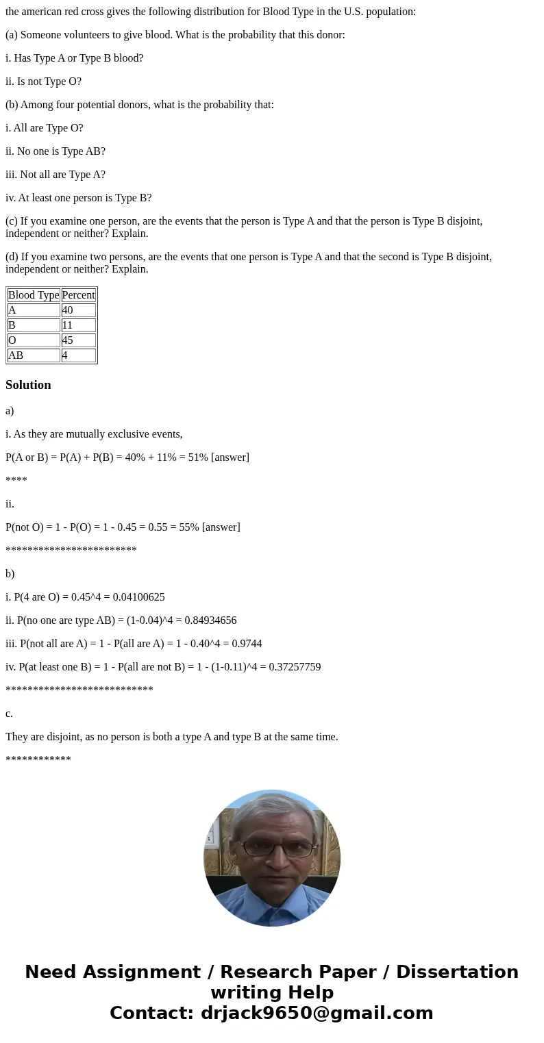 the american red cross gives the following distribution for Blood Type in the U.S. population: (a) Someone volunteers to give blood. What is the probability tha