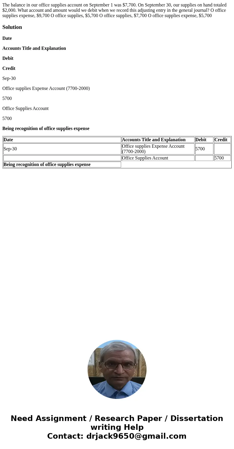  The balance in our office supplies account on September 1 was $7,700. On September 30, our supplies on hand totaled $2,000. What account and amount would we de
