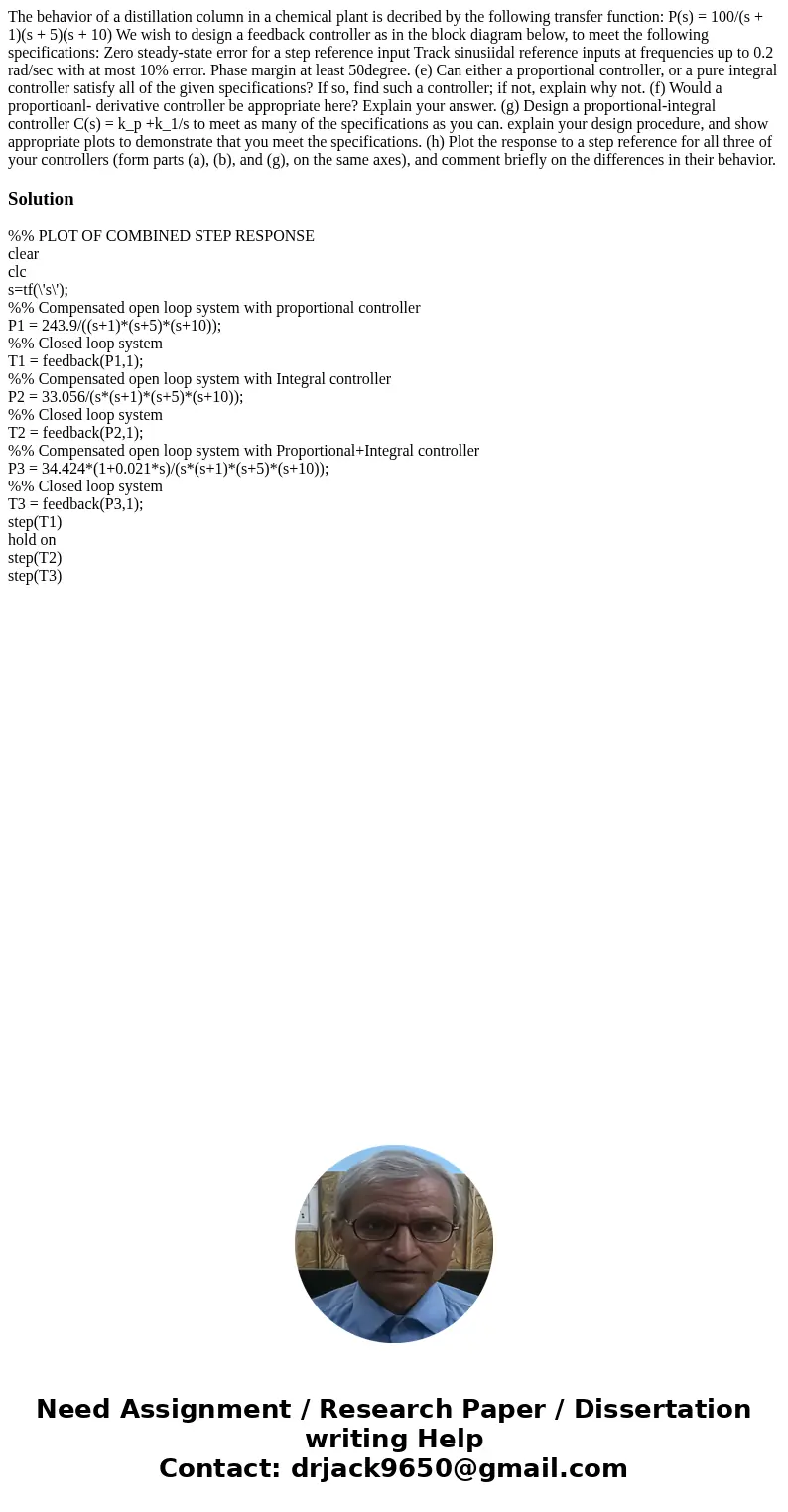 The behavior of a distillation column in a chemical plant is decribed by the following transfer function: P(s) = 100/(s + 1)(s + 5)(s + 10) We wish to design a  The behavior of a distillation column in a chemical plant is decribed by the following transfer function: P(s) = 100/(s + 1)(s + 5)(s + 10) We wish to design a