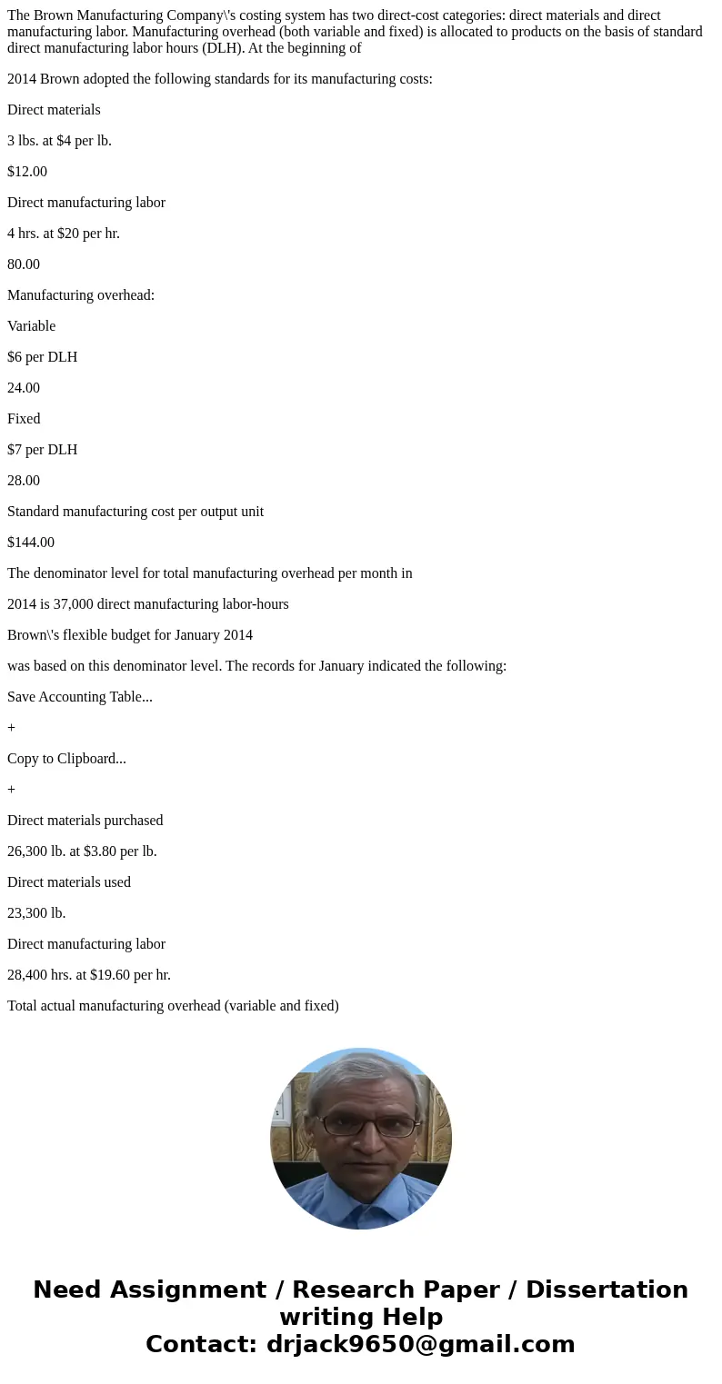 The Brown Manufacturing Company\'s costing system has two direct-cost categories: direct materials and direct manufacturing labor. Manufacturing overhead (both 