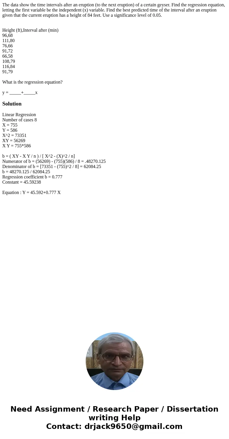The data show the time intervals after an eruption (to the next eruption) of a certain geyser. Find the regression equation, letting the first variable be the i