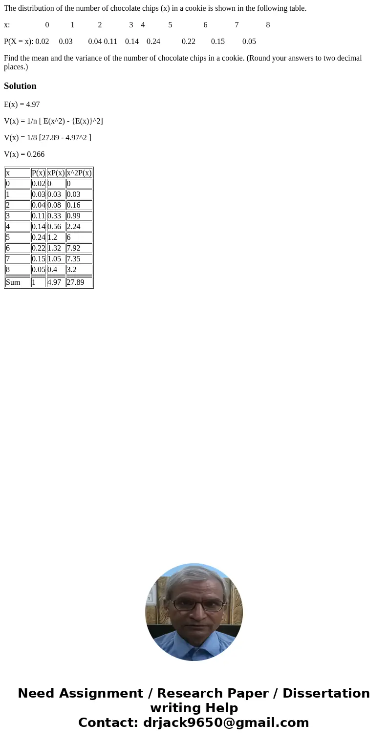 The distribution of the number of chocolate chips (x) in a cookie is shown in the following table. x: 0 1 2 3 4 5 6 7 8 P(X = x): 0.02 0.03 0.04 0.11 0.14 0.24 