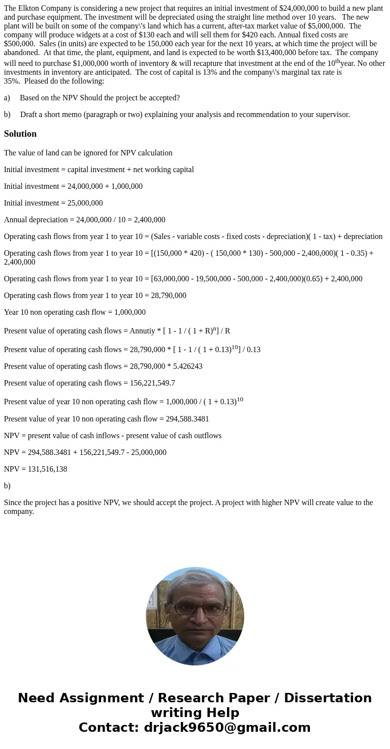 The Elkton Company is considering a new project that requires an initial investment of $24,000,000 to build a new plant and purchase equipment. The investment w