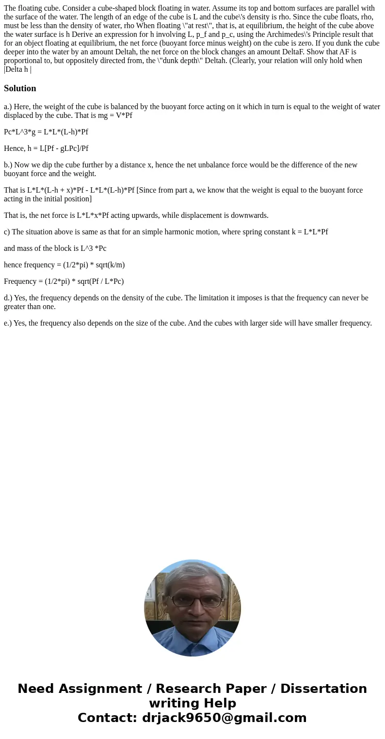 The floating cube. Consider a cube-shaped block floating in water. Assume its top and bottom surfaces are parallel with the surface of the water. The length of  The floating cube. Consider a cube-shaped block floating in water. Assume its top and bottom surfaces are parallel with the surface of the water. The length of