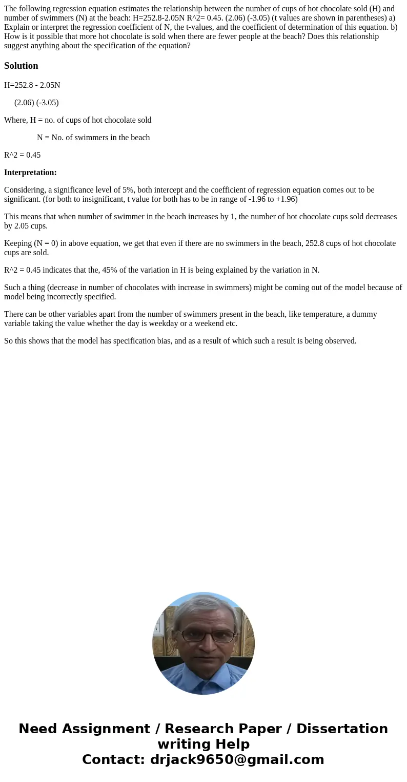 The following regression equation estimates the relationship between the number of cups of hot chocolate sold (H) and number of swimmers (N) at the beach: H=252