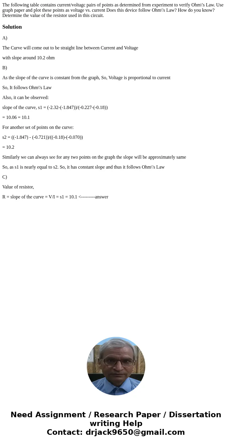  The following table contains current/voltagc pairs of points as determined from experiment to verify Ohm\'s Law. Use graph paper and plot these points as volta