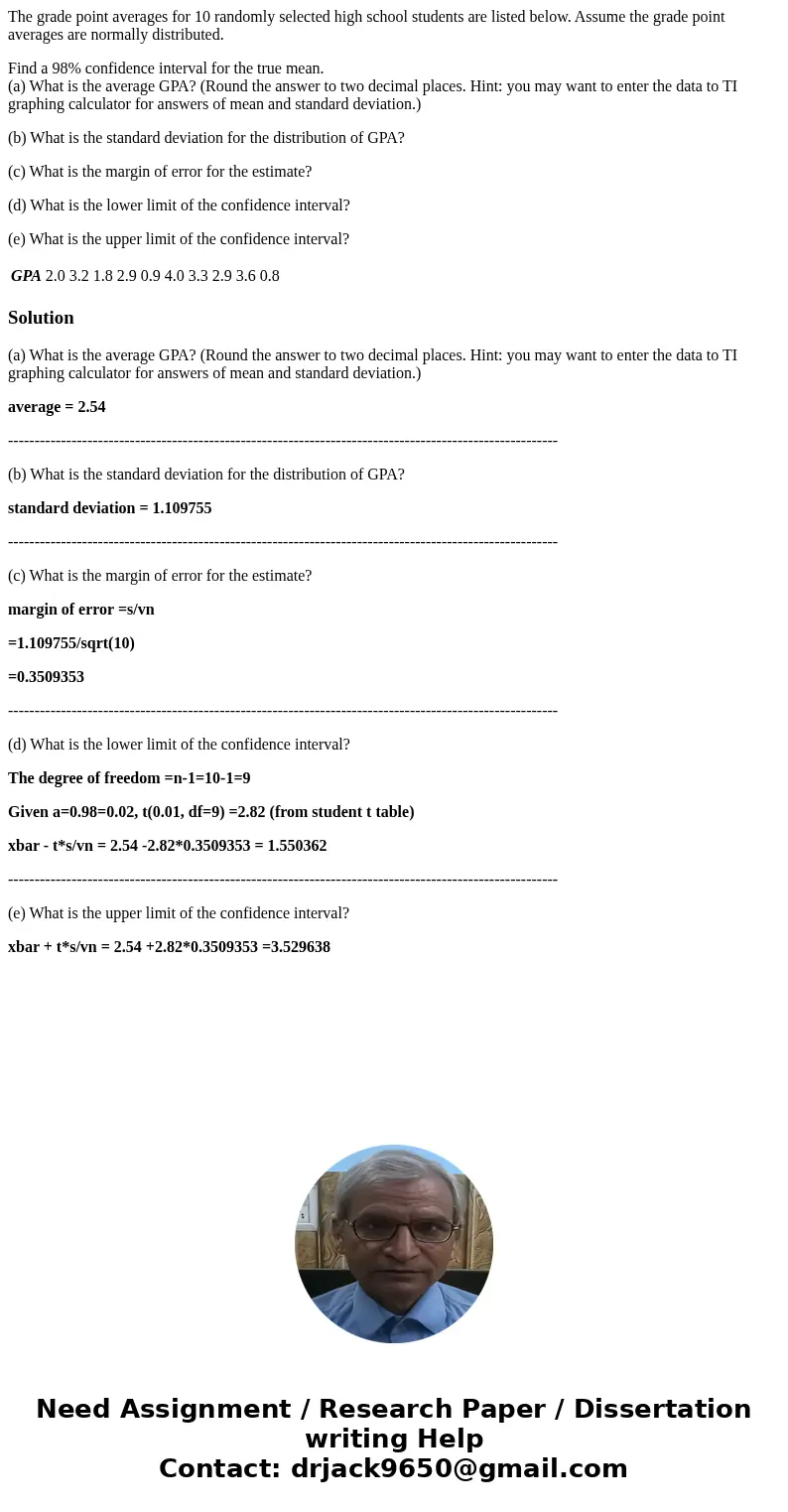 The grade point averages for 10 randomly selected high school students are listed below. Assume the grade point averages are normally distributed. Find a 98% co