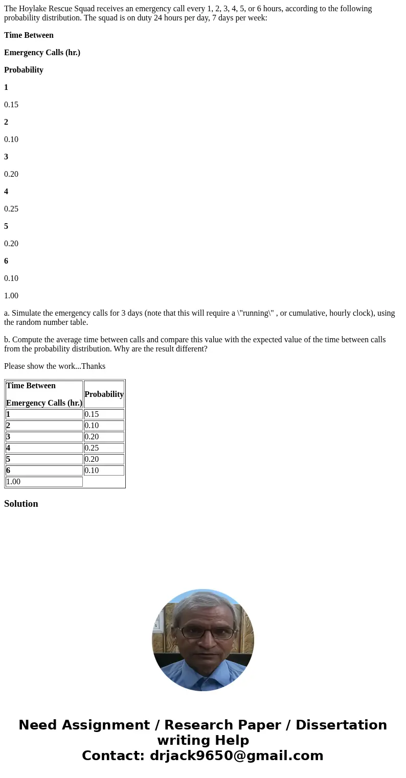 The Hoylake Rescue Squad receives an emergency call every 1, 2, 3, 4, 5, or 6 hours, according to the following probability distribution. The squad is on duty 2