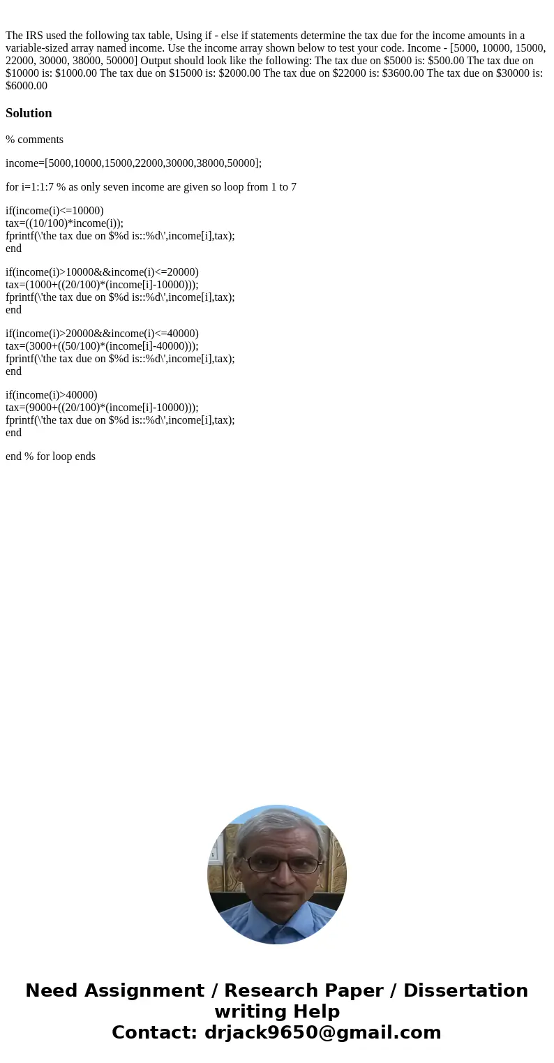 The IRS used the following tax table, Using if - else if statements determine the tax due for the income amounts in a variable-sized array named income. Use th  The IRS used the following tax table, Using if - else if statements determine the tax due for the income amounts in a variable-sized array named income. Use th