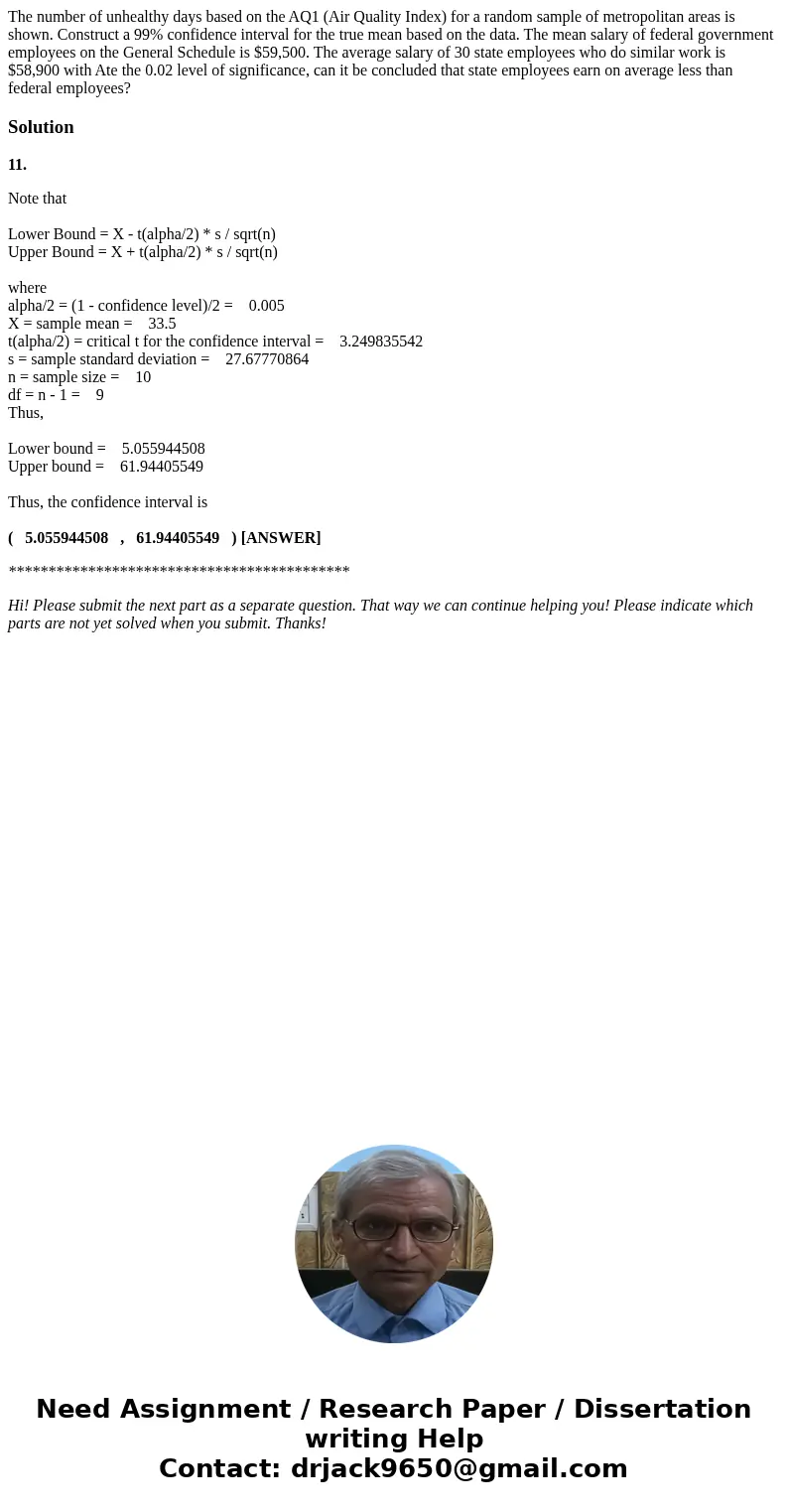  The number of unhealthy days based on the AQ1 (Air Quality Index) for a random sample of metropolitan areas is shown. Construct a 99% confidence interval for t