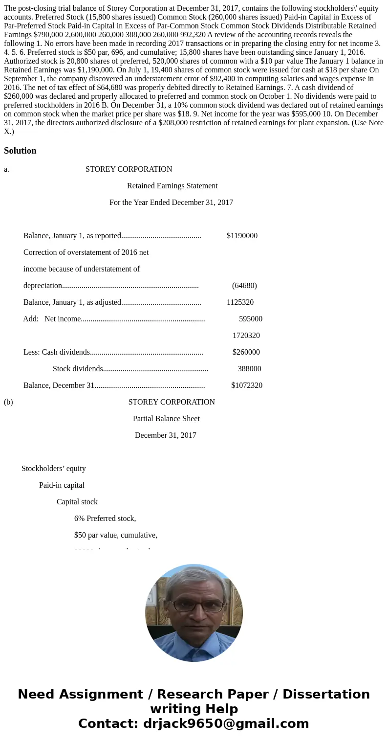  The post-closing trial balance of Storey Corporation at December 31, 2017, contains the following stockholders\' equity accounts. Preferred Stock (15,800 share