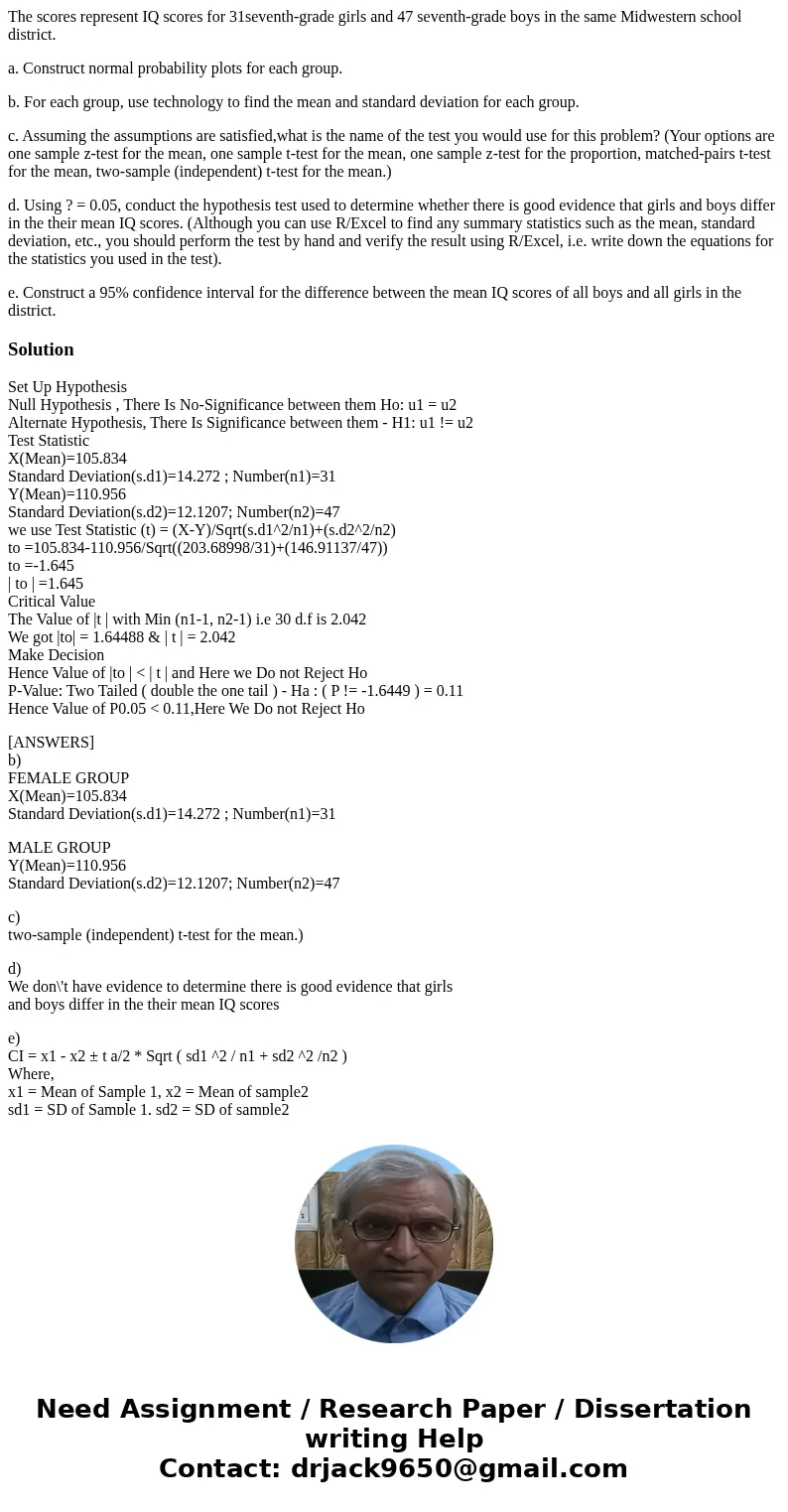 The scores represent IQ scores for 31seventh-grade girls and 47 seventh-grade boys in the same Midwestern school district. a. Construct normal probability plots The scores represent IQ scores for 31seventh-grade girls and 47 seventh-grade boys in the same Midwestern school district. a. Construct normal probability plots